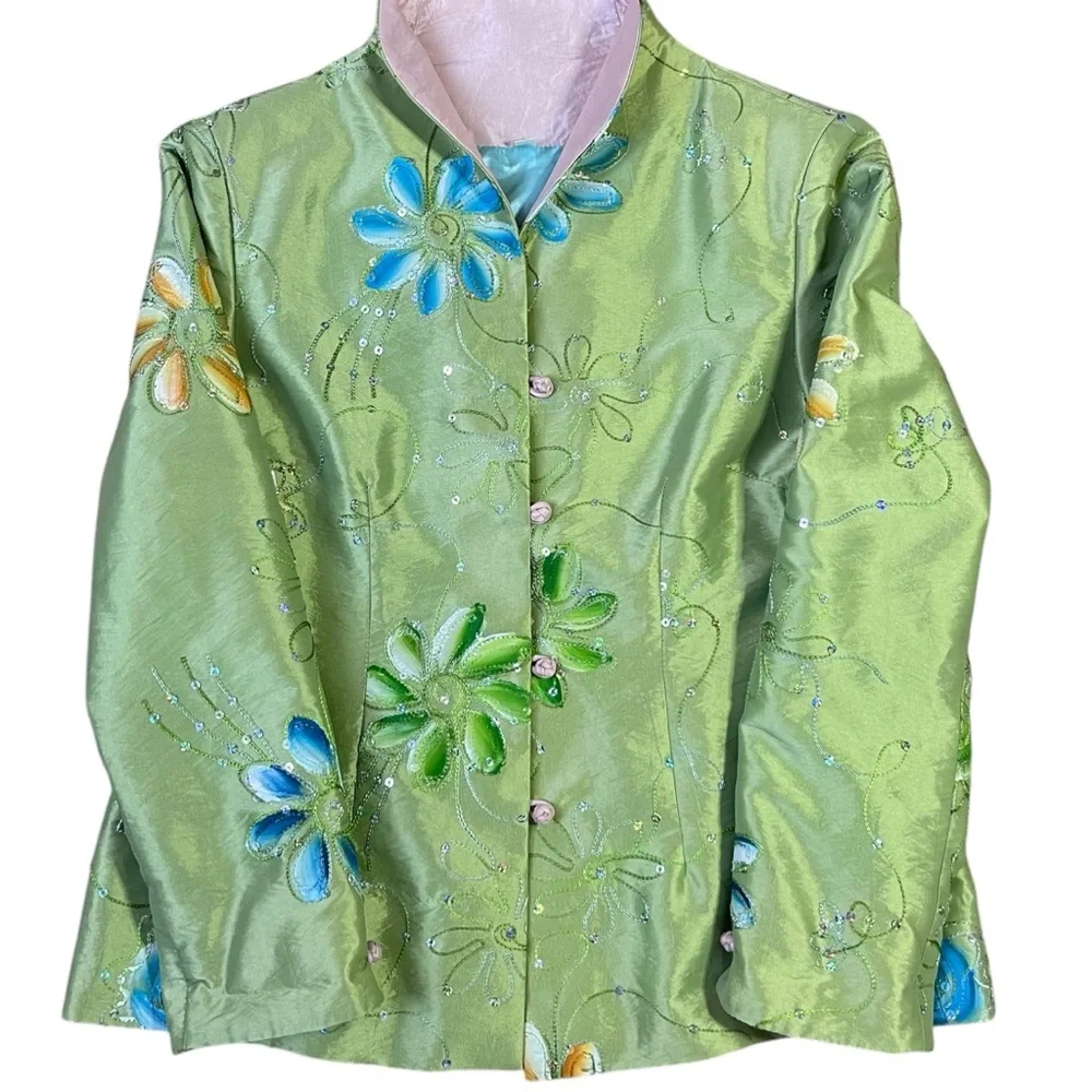 Art to wear Embroidered Floral Satin Jacket Beaded Mandarin Collar Pastel Green‎